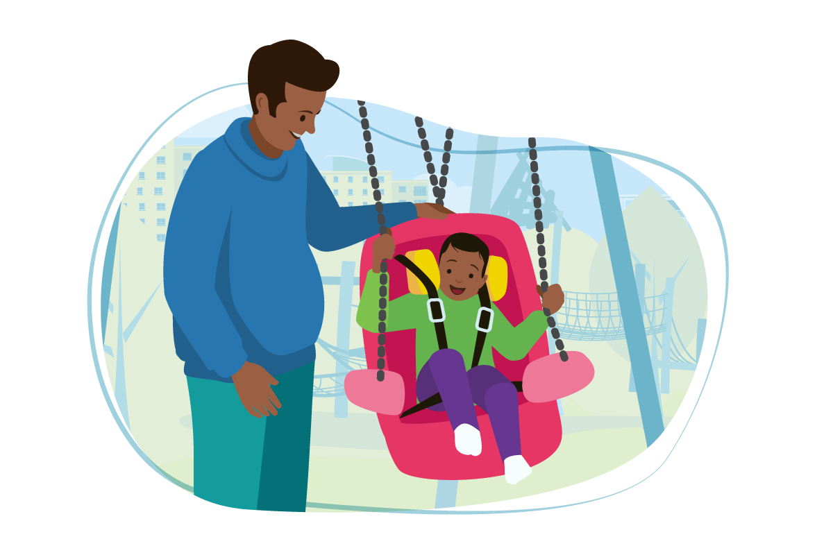 Man pushing child on swing