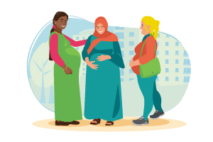 Three pregnant women talking