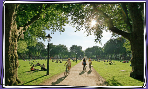 People cycling and walking in Queens square park