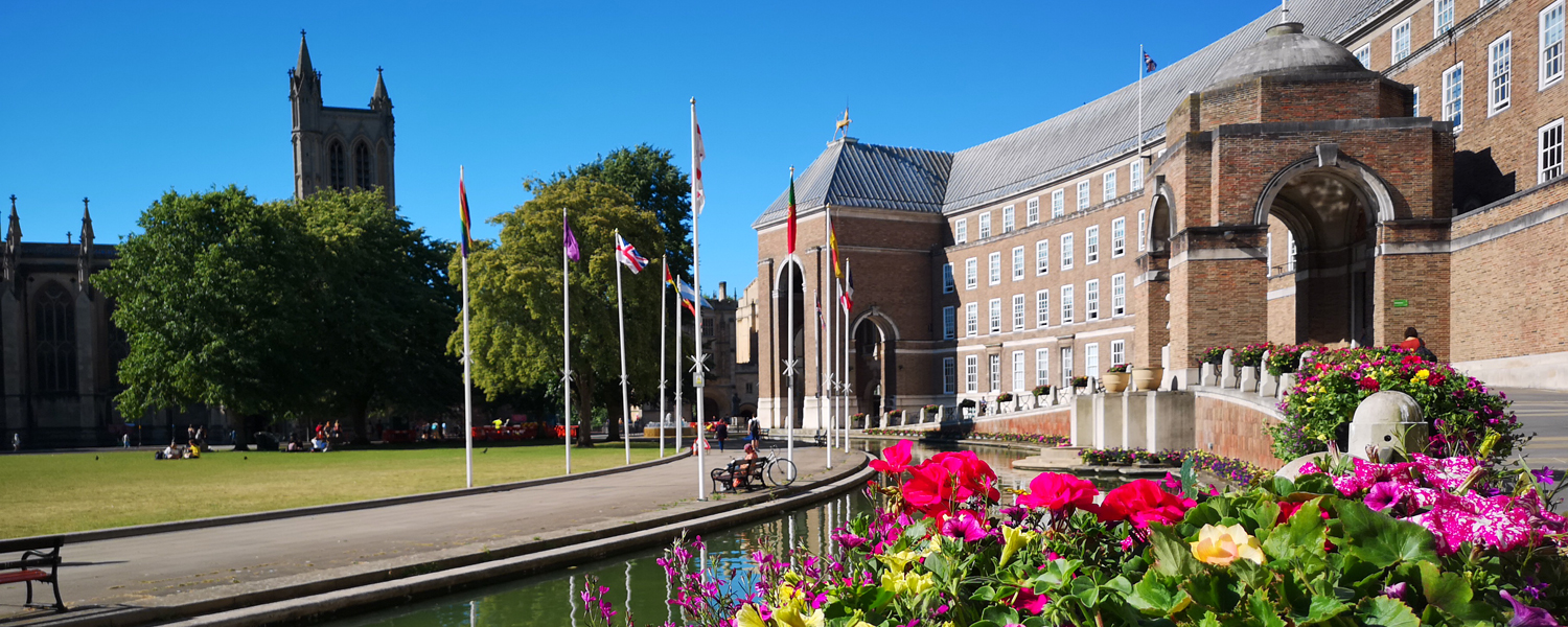 City hall from Park Street looking towards the cathedral on a sunny day